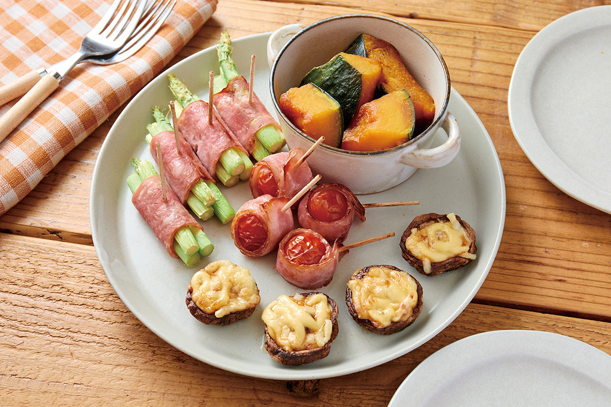 お野菜3品：ベーコン巻き・しいたけチーズ・かぼちゃ煮